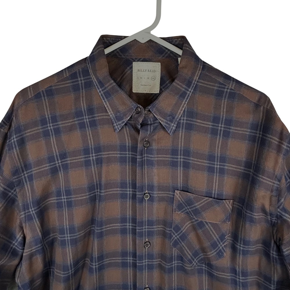 Billy Reid Mens XXL Brown Navy Blue Plaid Flannel Button Down Shirt Standard Cut - Picture 2 of 8